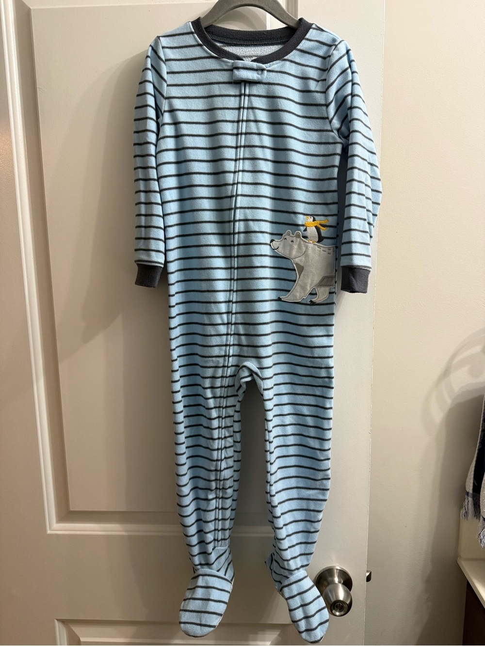Carter's Light Blue & Navy Striped Footed One-Piece Pajamas with Bear Patch